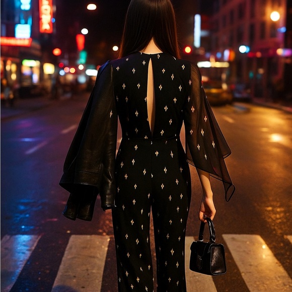 TRUSSARDI JEANS “1987” Heart-Flame Wide-Leg Jumpsuit | Sheer Cape Sleeves - Picture 14 of 14